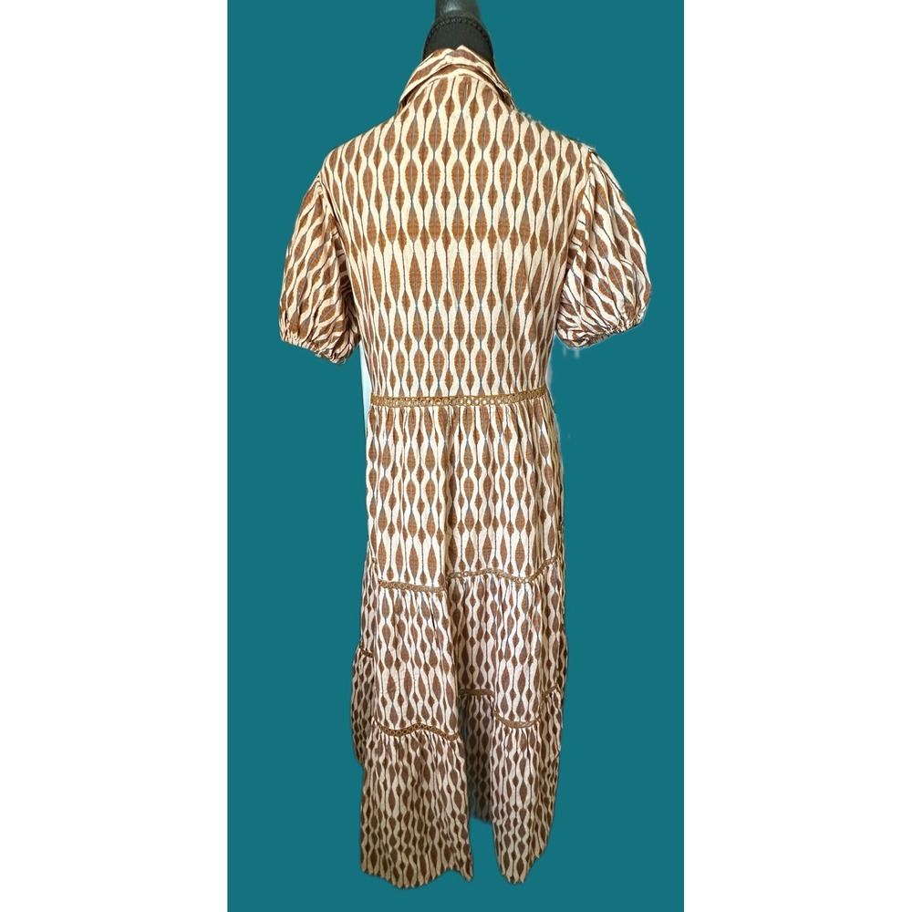 Marigold Victoria Dunn Womens XS Brown Ikat Tiered Maxi Dress Puff Sleeve Cotton - Picture 3 of 5